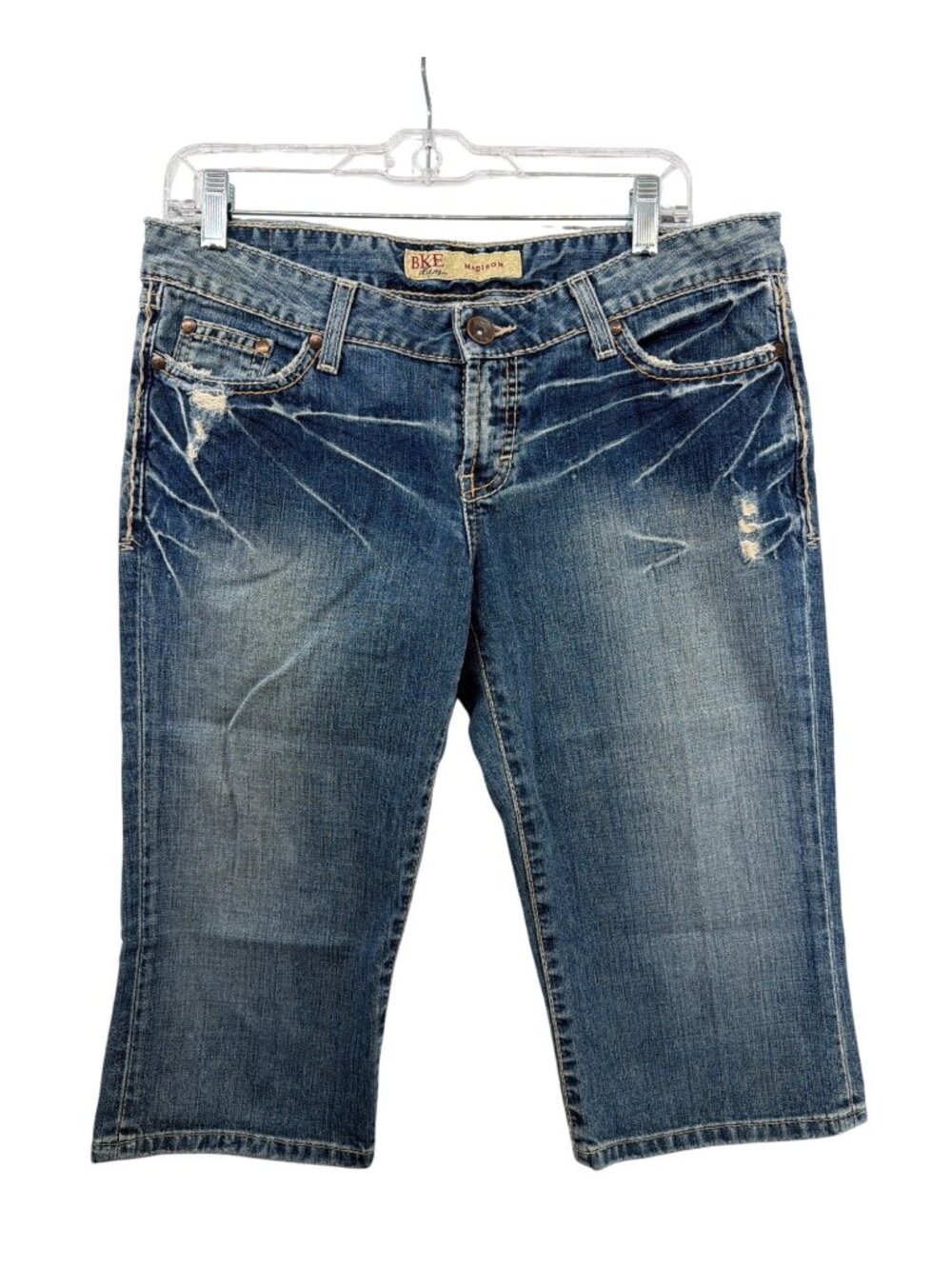 BKE Women Cropped Jeans Sz 29 Blue DarkWash Distress Madison MidRise 100% Cotton